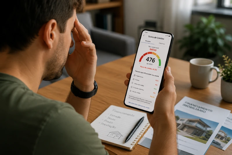 Pessoa analisando score de crédito no celular com preocupação sobre aprovação de financiamento