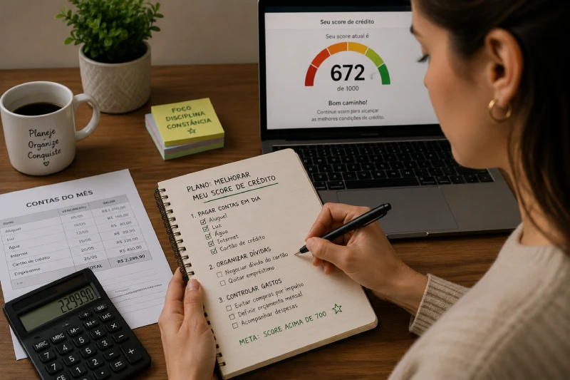 Pessoa organizando finanças e contas em um caderno para melhorar o score de crédito