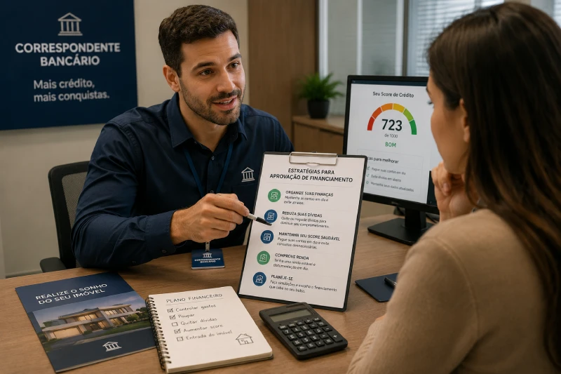 Correspondente bancário orientando cliente sobre estratégias para aprovação de financiamento