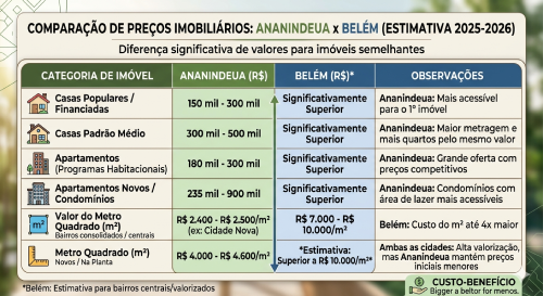Tabela comparativa de preços de imóveis entre Ananindeua e Belém