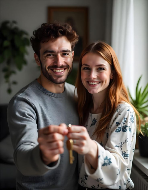 Casal feliz recebendo as chaves da casa própria em Ananindeua