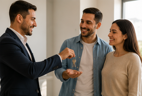 Corretor entregando as chaves de um imóvel usado ao novo proprietário