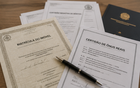 Documentos imobiliários espalhados sobre uma mesa, incluindo matrícula e certidões