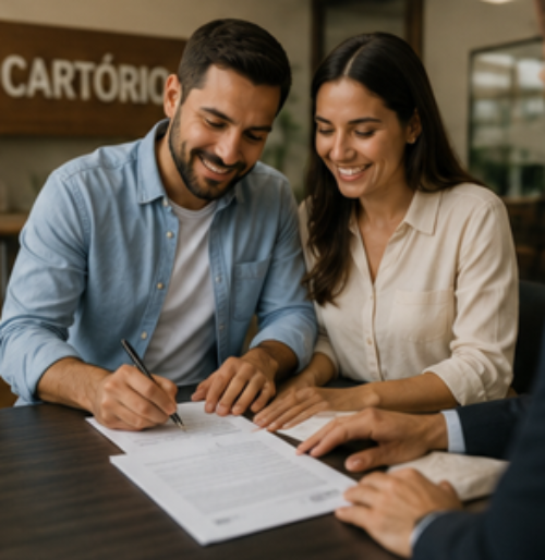 Casal assinando escritura de imóvel em cartório com sorriso de satisfação