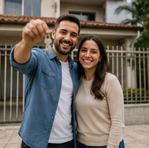 Casal feliz na frente do imóvel próprio recém-adquirido